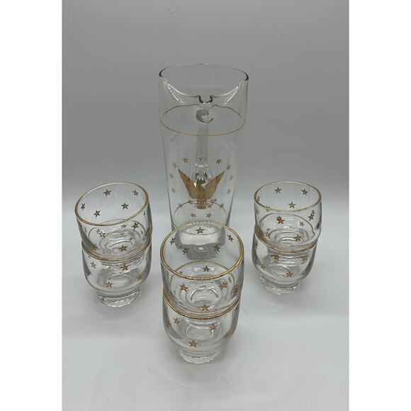 Vintage MCM Americana Cocktail Set 1 Qt Pitcher 6 - 6 Oz Glasses USA Eagle Stars - Picture 5 of 5